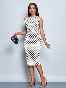 SOLERSUN Women's Fashionable Dress, Off Shoulder Fitted Dress, Asymmetrical Pleats, Polka Dot Pattern, Suitable For Everyday Wear. - Multicolor - View 4