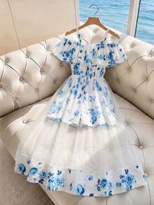 Girls' Woven Digital Print Jumpsuit With Mesh Skirt Hem, Ruffled One-Shoulder Design, Bohemian Style Jumpsuit Suitable For Casual, Holiday Wear In Spring/Summer - Blue - View 4