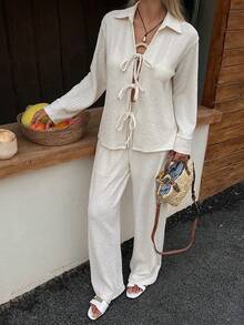 DAZY Women's Loose Casual Vacation Style Long Sleeve Shirt And Straight Leg Pants 2 Pieces Set, Spring/Summer Lounge Sets For Women - Beige - View 8
