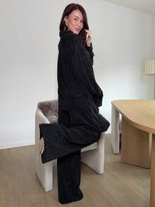 Abrilcols 2pcs Sequin Embellished Black Shirt & Straight Leg Pants Set, Casual Outfit For New Year, Christmas, Wedding, Party, Fashion Event Lounge Sets For Women - Black - View 5