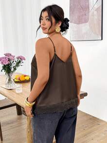 Lounesse Plus Size Women Lace Patchwork Camisole, Sexy & Romantic Sleeveless Top For Daily Wear, Commuting & Outing Cami Top For Women Brown Cami Top Silky Tops For Women Blouse For Women Casual Elegant - Brown - View 2