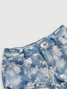 ROMWE Quần short denim nữ mùa hè mới, quần jeans co giãn in họa tiết, kiểu dáng thời trang thường ngày. - Màu xanh ngọc - Xem 3