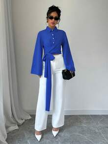 Selianne Áo kiểu nữ mùa xuân đơn giản, thanh lịch, màu trơn, buộc dây ở gấu áo, tay loe. - Xanh đậm - Xem 4