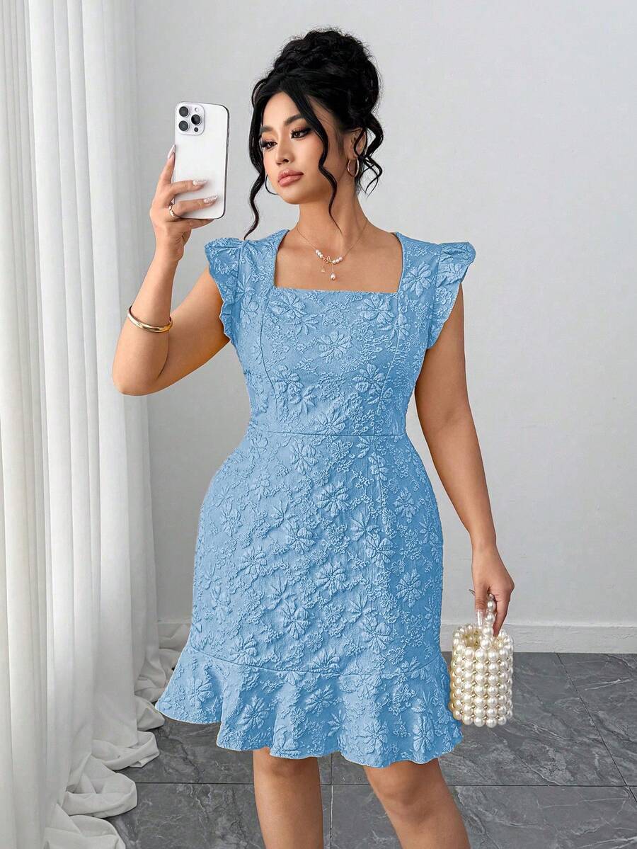 Elenzga 大码女装春夏热销方领优雅修身短袖鱼尾荷叶边连衣裙，简约腰部剪裁设计，适合日常通勤、正式场合、派对、夜店活动等。 - 淺藍色 - 查看 1