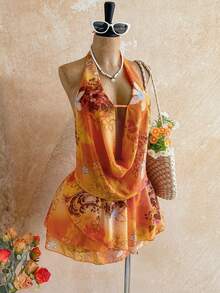 Soleia Đầm ngắn nhuộm tie-dye, cổ khoét sâu, xếp nếp, vạt bất đối xứng, phong cách nghỉ dưỡng - Nhiều màu - Xem 5