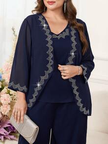 SHEIN Clasi Set de 3 piese pentru femei, mărime plus, cu bluză elegantă fără mâneci, cu decor de strasuri, pantaloni largi și jachetă, potrivit pentru primăvară, vară și toamnă - Albastru marin - Vizualizare 2