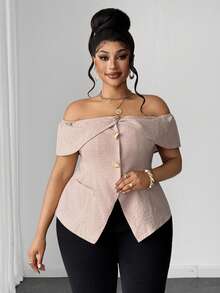 Maweii French Off-Shoulder Short Sleeve Plus Size Blouse, Summer Niche Design Top - Dusty Pink - View 5