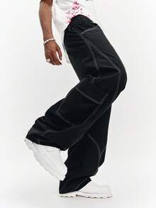 PAVTROS 男士休闲裤，腰部设计，宽松舒适，百搭款式 - 黑色 - 查看 5