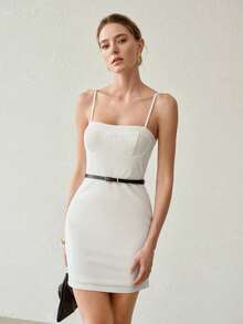 MOTF PREMIUM SOLID BUSTIER SLIP SHORT DRESS WITH BELT PARTY WHITE SUMMER ELEGANT - White - View 6