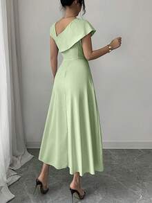 Modelyn Women's Solid Color Asymmetric Neck Ruched Waist Midi Dress - Avocado Green - View 2