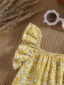 Baby Girl Summer Cute Yellow & White Striped Bow Ruffle Romper,Floral Print,Summer Romper,Summer Outfits For Baby Girls,Summer Ootd,Summer Vibes,Baby Girl Outfit,Baby Girl Clothes Girl,Baby Girl Summer,Comfy,Summer Clothes,Top Summer - Yellow - View 4