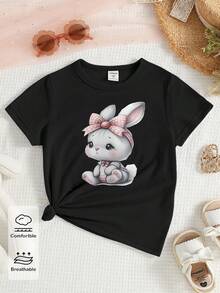 春夏女童休闲时尚创意个性清新简约可爱蝴蝶结兔子印花基础款白色短袖T恤，舒适日常穿着 - 黑色 - 查看 4