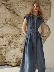 PREMIUM WOMEN'S CASUAL COMMUTER PLEATED WAIST DENIM DRESS, WITHOUT BELT, SPRING/SUMMER - Medium Wash - View 5