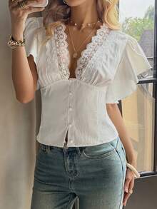 Pariaura 女士休闲优雅白色V领蕾丝边饰荷叶袖衬衫，夏季女装，休闲女式衬衫，度假上衣 - 白色 - 查看 8