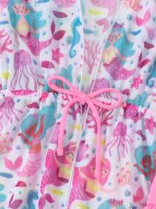 女孩美人鱼印花比基尼套装，3件套 - 柔软亲肤面料，细肩带露脐上衣，荷叶边三角泳裤，网纱罩衫，适合游泳、海滩、泳池、夏季度假 - 彩色 - 查看 6