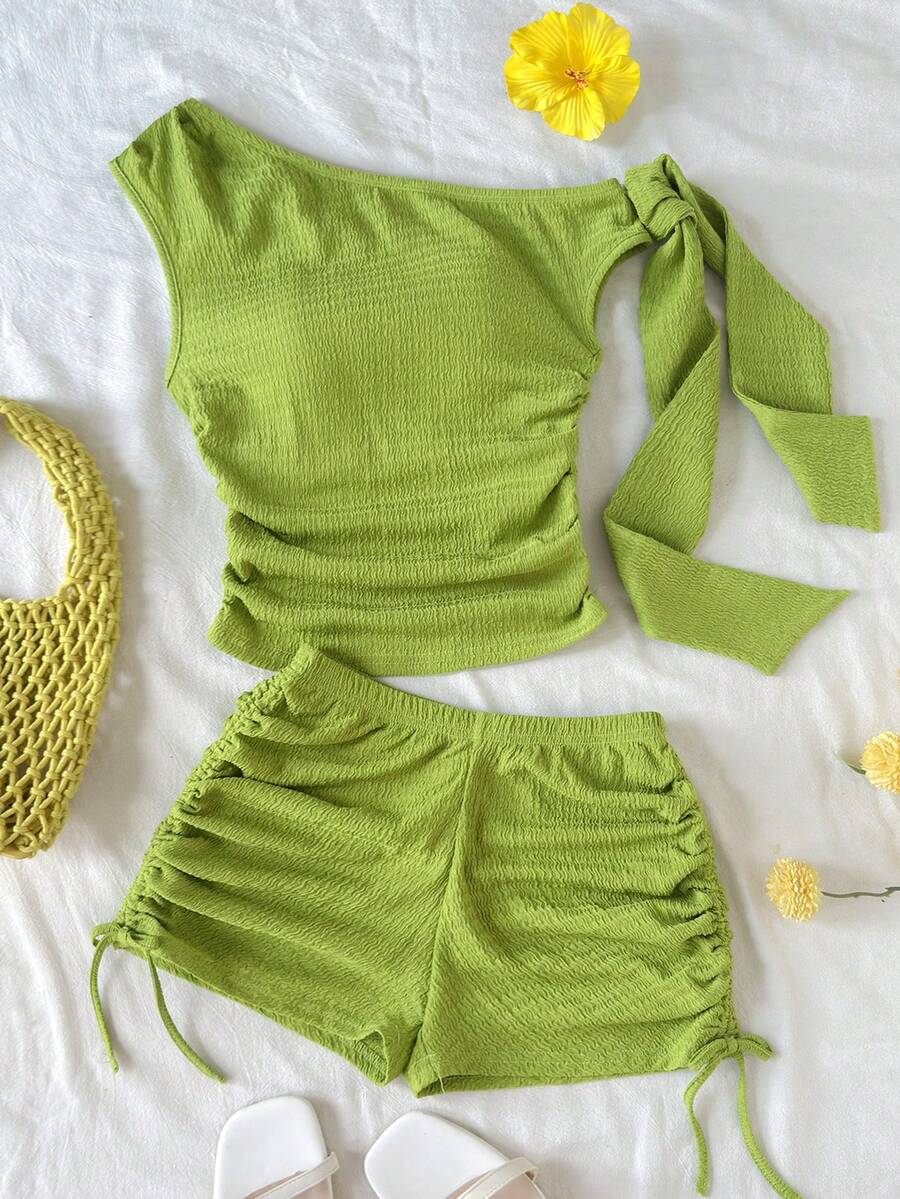 SHEIN Tween Girl Cute Lime Green 2 Pieces Set,Summer Vacation Holiday Asymmetrical One Shoulder Tie-Up Drawstring Textured Knit Top&Shorts For Tween Girls - Green - View 1