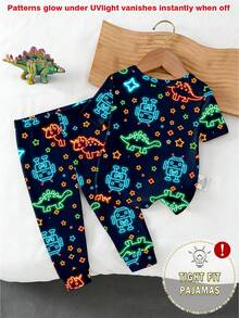 Bộ đồ ngủ ngắn tay ôm sát in hình robot và khủng long phát sáng trong bóng tối cho bé trai, thích hợp cho mùa xuân/hè. - Màu xanh lam - Xem 2
