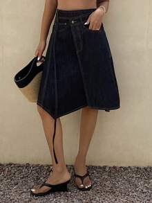 DAZY 女士休闲不对称下摆牛仔迷你裙，夏季 - 藍色 - 查看 3