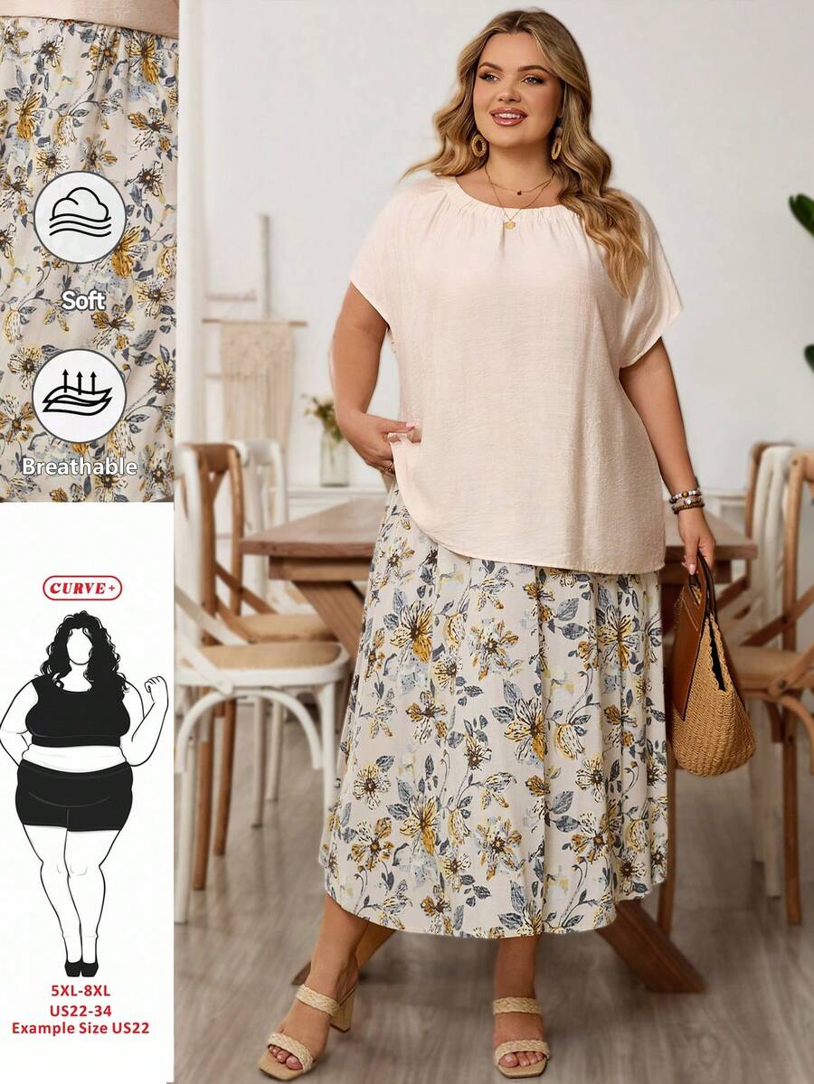 SHEIN CURVE+ Bộ 2 món áo và chân váy cỡ lớn, thích hợp mặc ở nhà và đi nghỉ mát. - Nhiều màu - Xem 1