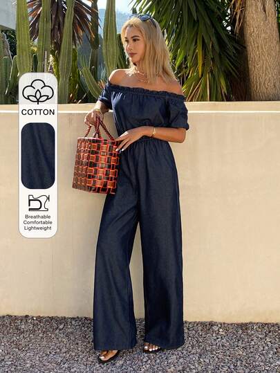 DAZY Bộ jumpsuit denim nữ màu trơn thanh lịch, chất liệu denim bạc màu, kiểu dáng trễ vai, có bèo nhún, thích hợp cho mùa xuân/hè.