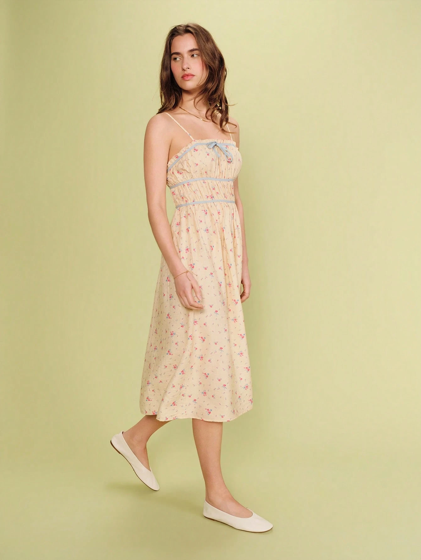 Yellow Floral Woven Midi Dress With Self Fabric Straps And Mini Ruffle Finish, Spring Summer Outings Floral Dress Summer Dress Vacation Dress