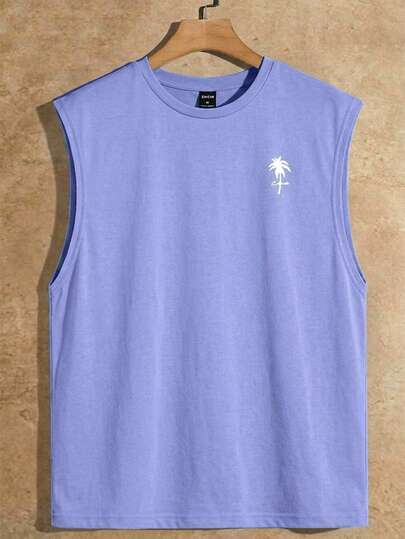 HIMLAND Áo tank top nam dáng rộng, in hình cây cọ nhiệt đới và chữ cái, thích hợp cho kỳ nghỉ hè và đi làm hàng ngày.