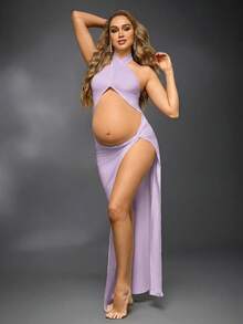 Cheriluna Maternity 孕妇夏季纯色扭结镂空露背连衣裙，适合拍照 - 淡紫色 - 查看 3