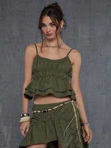 COUREZ Blusa regata com franzido volumoso / Roupas de verão Y2K para mulheres, blusas sem mangas, blusas verdes, blusas de verão, looks para sair, looks para festivais, looks de primavera para mulheres - Verde de Exercício - Ver 1