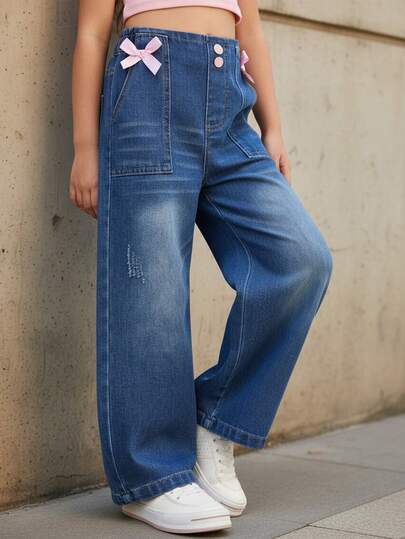 SHEIN Young Girl' Casual Butterfly Pocket Jeans, Comfortable Loose Straight Leg Denim Pants, Suitable For Daily, Vacation, Party And Other Occasions