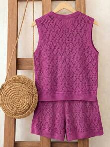 Franclia 2026春夏新款欧美风沙滩度假休闲宽松针织背心，镂空设计波西米亚日常复古圆领时尚韩版性感镂空短裤两件套毛衣套装（女款） - 中紫紅色 - 查看 2