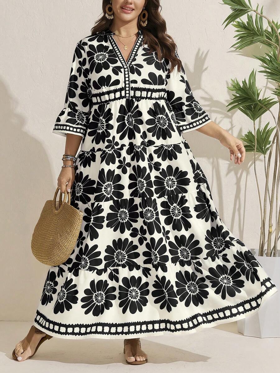 Comfylo 大码女式碎花喇叭袖休闲连衣裙 黑白连衣裙 波西米亚风连衣裙 度假装 休闲连衣裙 夏季连衣裙 夏季套装 碎花长裙 波西米亚风度假夏季连衣裙 波西米亚风连衣裙 女士度假连衣裙 - 黑與白 - 查看 1