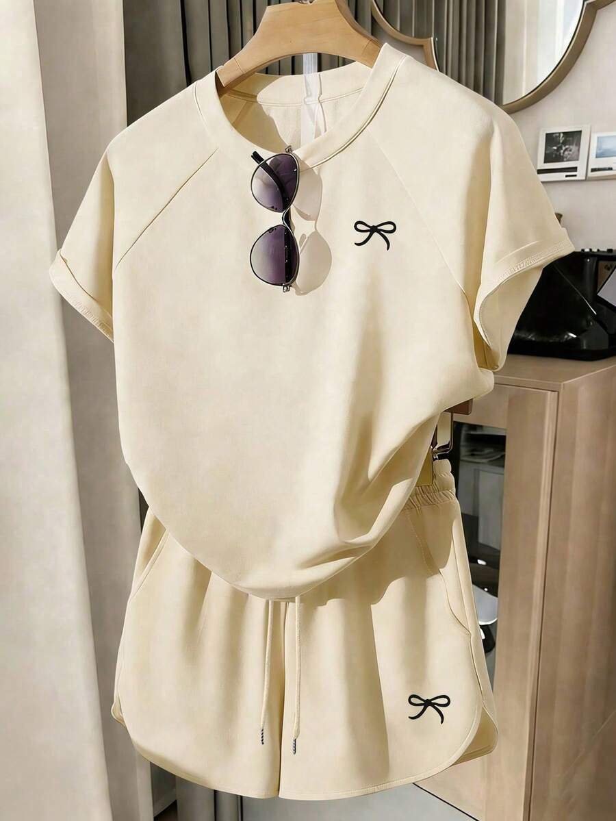 少女圆领插肩袖短袖休闲蝴蝶结装饰T恤套装,夏季 - 彩色 - 查看 1