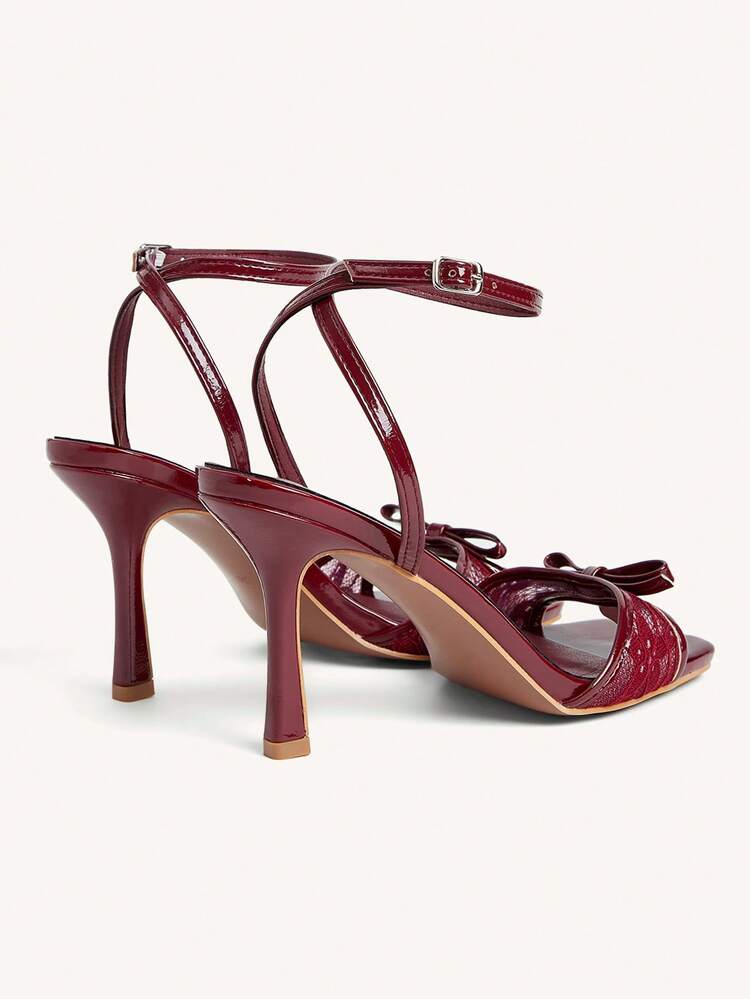 CUCCOO CHICEST Burgundy Ladies Lace Mesh Splicing Bow Fashion Sexy Spring And Summer Ankle Strap Square Toe High Heel Sandals