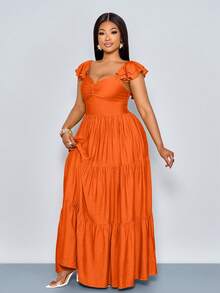 SOLERSUN Vestido maxi elegante de verano para mujer de talla grande, de unicolor, con cuello halter en V, plisado, corte evasé, fluido y elegante, ideal para vacaciones, playa y primavera y verano - Naranja - Ver 6