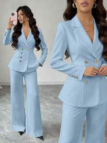 Rafferiza Minimalist French Style Solid Color Asymmetric Buckle Decor Fitted Business Suit For Women - Blue - View 1