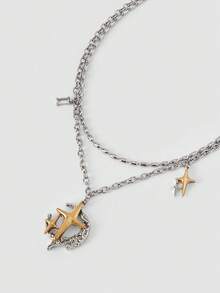 MortiRose Silver Star Moon Double Layer Personalized Gothic Pendant Necklace,Goth/Gothic/Punk/Grunge/Dark Gothic,Streetwear,Summer/Festival/Prom/Party,Vintage,Black - Silver - View 6