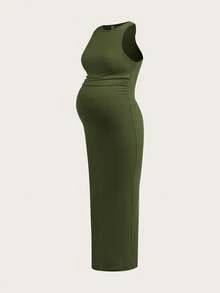 SHEIN 3pcs Maternity Solid Color Ruched Casual Camisole Dress,Summer Dark Green Maternity Bodycon Long Dresses For Photoshoot,Pregnancy Tummy Control Dress - Multicolor - View 6