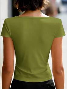 EMERY ROSE Women's Solid Color Elegant V-Neck Criss-Cross T-Shirt - Green - View 2