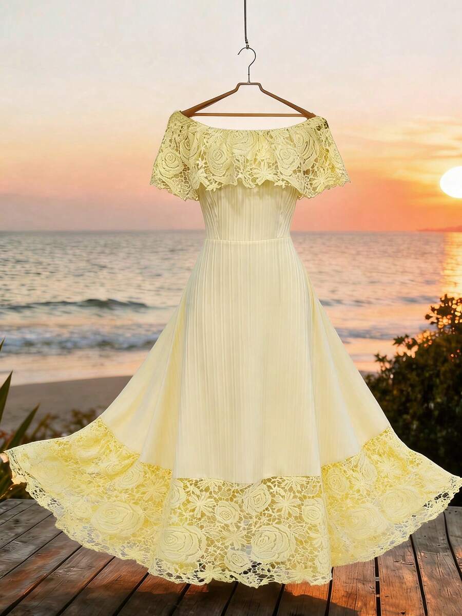 Modelyn Đầm midi trễ vai, thêu lỗ, phối nhiều mảnh, thanh lịch, nữ tính - Màu vàng - Xem 1