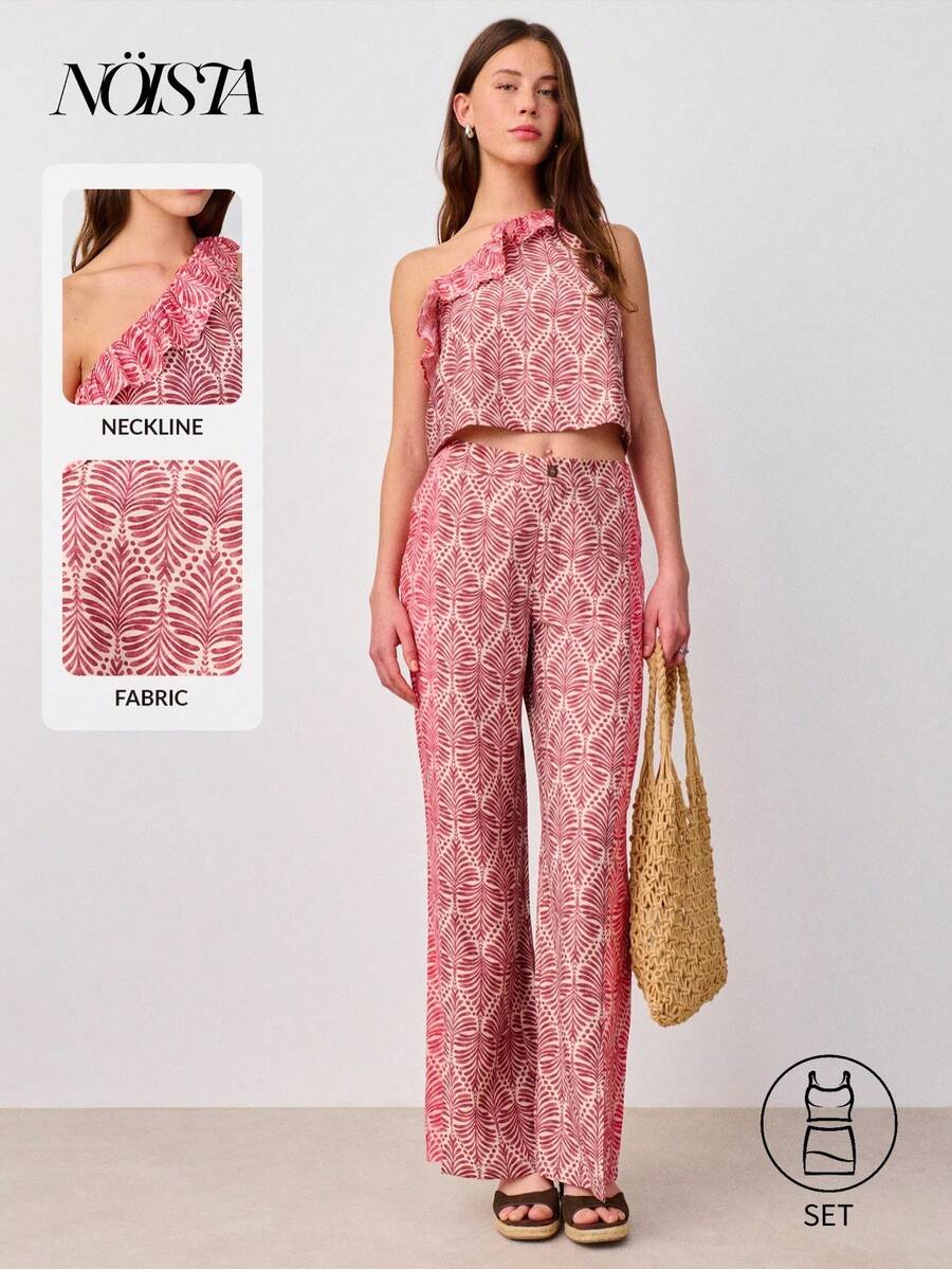 Nöista Beige Printed Two Pieces Set,One-Shoulder Ruffled Crop Top ...
