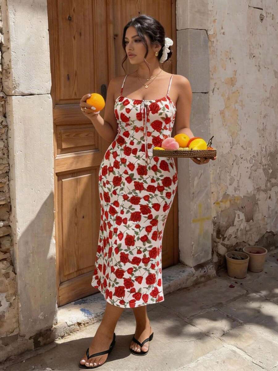 Lounesse 大码女式抽绳腰身修身连衣裙，大码碎花连衣裙，大码性感浪漫连衣裙，大码玫瑰碎花通勤连衣裙 - 彩色 - 查看 1