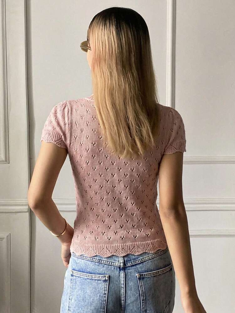 Women's Solid Color Hollow V-Neck Short Sleeve Elegant Vacation Cardigan, Spring/Autumn