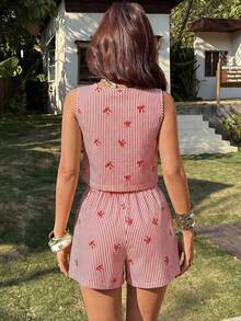 VCAY Set de 2 piezas de top sin mangas con nudo delantero y estampado de rayas y shorts, conjunto informal de verano para mujer - Rojo y blanco - Ver 2