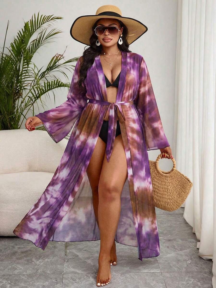 SHEIN Swim Curve كيمونو نسائي فضفاض مطبوع بالزهور مع حزام، مناسب للشاطئ والعطلات - الأرجواني - مشاهدة 1