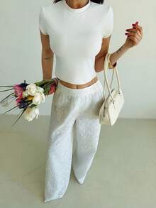 Firerie Women's Casual Loose High Waist Wide Leg Pants, White Embroidered Textured Fabric Pants, Beach Vacation Vacation Trousers, Spring/Summer Bohemian - White - View 11
