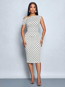 SOLERSUN Women's Fashionable Dress, Off Shoulder Fitted Dress, Asymmetrical Pleats, Polka Dot Pattern, Suitable For Everyday Wear. - Multicolor - View 6