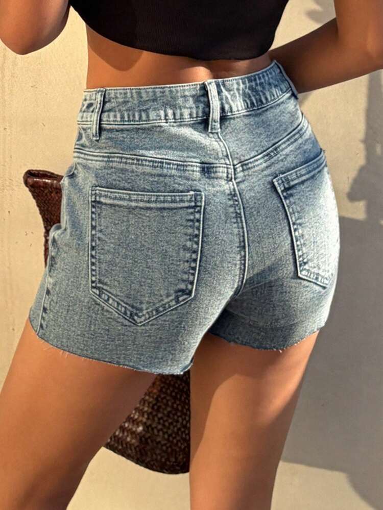 DAZY Women's Casual Washed Frayed Hem Fitted Denim Shorts, Summer Jorts - Medium Wash - View 2