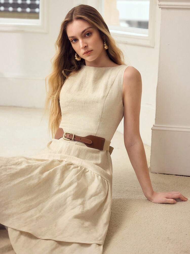 WOMEN'S ROUND NECK SLEEVELESS 100% LINEN DRESS, SUITABLE FOR DATES AND VACATIONS, SPRING/SUMMER