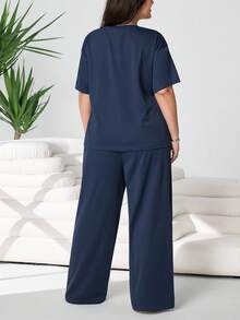 Solflare Plus Size Women 2pcs Set - Round Neck Short Sleeve Top And Wide Leg Pants, Casual Daily Wear - Navy Blue - View 2