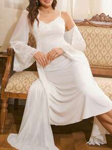 Côtesoire 2pcs Southern France Elegant Lace Camisole Dress & Robe Sleepwear Set For Women - White - View 1